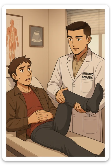 fai un webtoon manga a colori con questo stile, in cui un uomo è steso sul lettino medico e il kinesiologo con il camice bianco (fagli anche la scritta "ANTONIO ANANIA" SUL CAMICE, gli solleva una gamba per fargli il test neuromuscolare, IL KINESIOLOGO SPIEGA ALL'UOMO UNA cosa mentre gli alza la gamba. non fare i fumetti però, fai solo in modo che sembri stiano parlando sticker