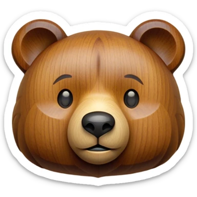 A carved wooden bear toy emoji, made of warm oak with a smooth, polished finish. The bear has simple, rounded features with engraved details for eyes and nose, giving it a handcrafted, vintage look. The texture of natural wood grain is visible, adding authenticity. sticker