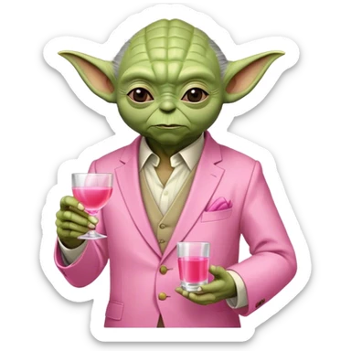 Master Yoda in all pink suit, with one hand holding pink tequila shot sticker