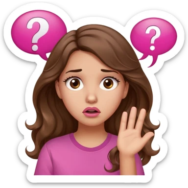 girl with long wavy brown hair, brown eyes, light to medium complexion, in a pink shirt, pink lips, long lashes, confused, question mark speech bubble sticker