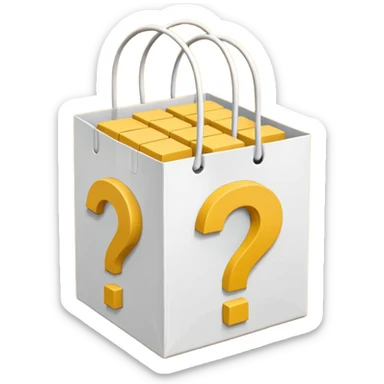 White bag with yellow questions mark cube boxes stuffed in it sticker