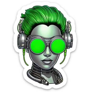 Neon green bobbed hair Latina female cyborg head with silver steampunk goggles and circuits sticker