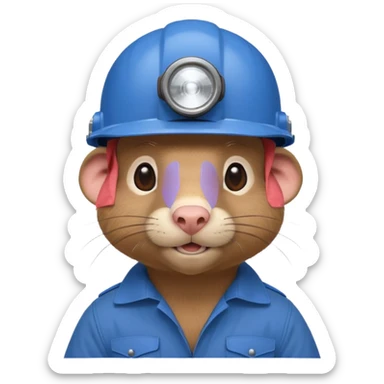 a mole rat, blue helmet, headlamp, BROWN worker cloth sticker