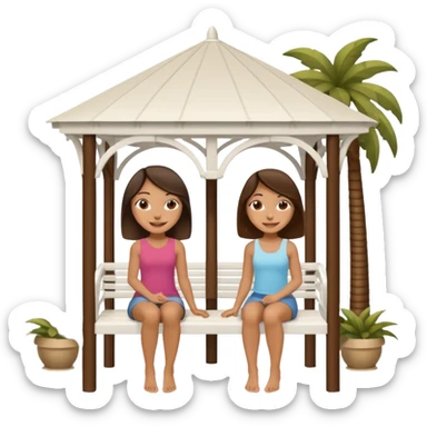 Two small brunette women sitting under a large white gazebo sticker