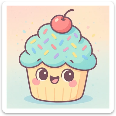 cute pastel cupcake with rainbow sprinkles and a cherry on top, soft pastel toon style sticker