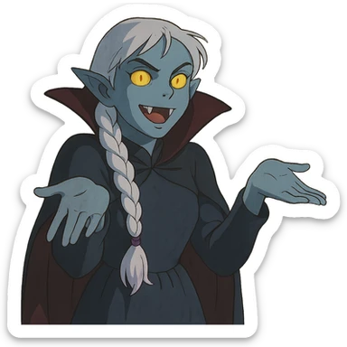 1 female, single long white braid with lavender tips. Vampire with blue skin and glowing gold yellow eyes. Meme pose sticker
