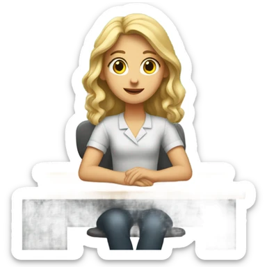 A white girl with one raised hand at a desk at school  sticker