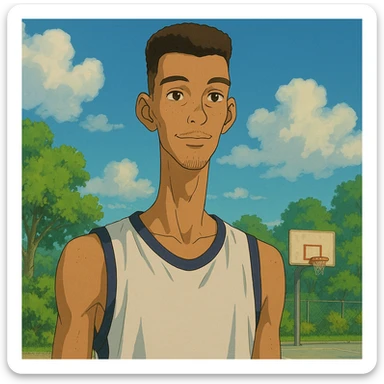 Victor Wembanyama, tall basketball player with unique features, gentle expression, detailed background, Ghibli style sticker