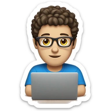 white guy dark brown hair and square glasses typing in laptop wearing blue shirt sticker