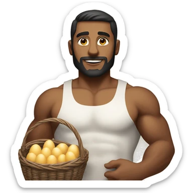 Buff white man with dark hair holding two baskets with a ton of eggs sticker