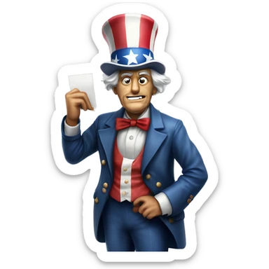 Uncle Sam with pitiful eyes holds a sign at full height waist photorealistic serious sticker