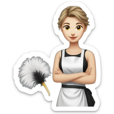 Slavic girl in a white T-shirt and a black apron holds ostrich feathers for dusting sticker