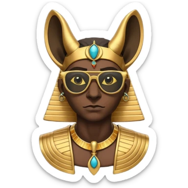 3D cartoon horned character portrait, wearing sunglasses, gothic ancient Egyptian style, pharaoh collar, dark gold and black outfit, ankh symbols, Egyptian jewelry, mysterious expression, soft dramatic lighting, centered, clean background, no text, no watermark sticker