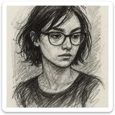 a black-haired woman wearing glasses, hand-drawn sketch style sticker