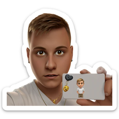 boy in white shirt holding necklace sticker