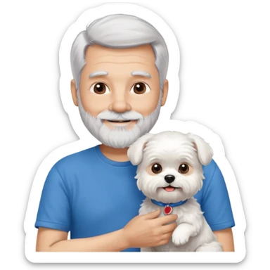 handsome gentleman, 60 years old, silver hair short, full beard, wearing a blue t-shirt, smiling and holding a maltese dog sticker