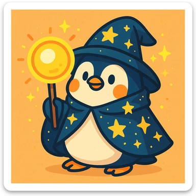 chubby penguin wizard with a starry cloak and a glowing orb, soft rounded illustration style, vibrant toon style sticker