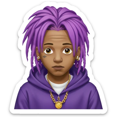 Juice WRLD with purple dreadlocks, 999 tattoo, gold chain, and hoodie sticker