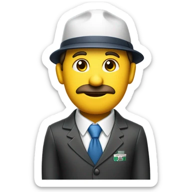 character is dressed in an outdated suit with a tie, showing a traditional or skeptical attitude, and wearing a cap with an oil company logo. sticker