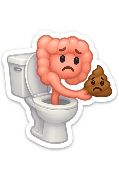 emoji stile iphone di un intestino che esce dal wc con in mano una montagnetta di feci con espressione triste a palline sticker