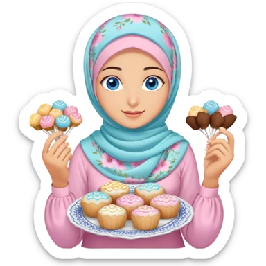 Turkish beautiful finish Konya girl blue eyes with pastel floral hijab islamic dress and had on her hand text Eid Mubarak with sweets and celebrating with her friends eid days   sticker