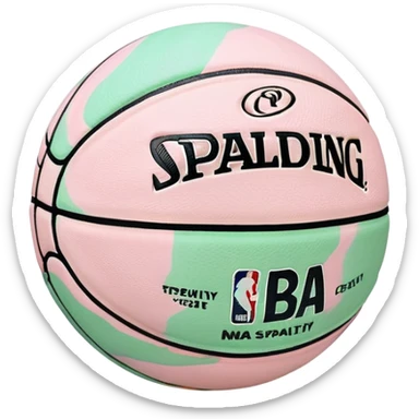 White Spalding basketball with NBA branding, predominantly white with light pastel pink and green marbling sticker