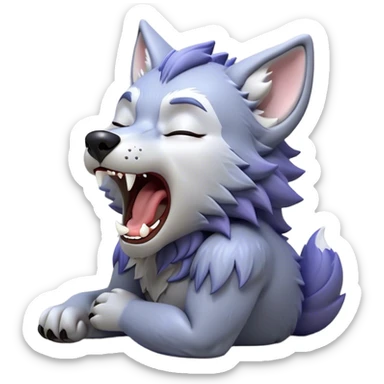 Cinematic Cute Yawning Werewolf Portrait Emoji, with a cuddly, miniature lupine form in soft moonlit grays and silvers, head leaning back in a big, adorable yawn that reveals a few fuzzy teeth, simplified yet irresistibly charming, highly detailed with a soft glowing outline that captures the drowsy, playful essence of a werewolf mid-nap! sticker