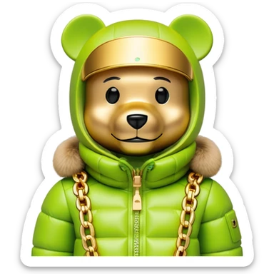 museum-quality bearbrick figure with perfect cubic proportions, lime green balaclava with seamless integrated golden visor lens, ultra-luxury designer down jacket with prominent branding and premium plush fur trim throughout, detailed gold chain accessories, fashion statement piece sticker