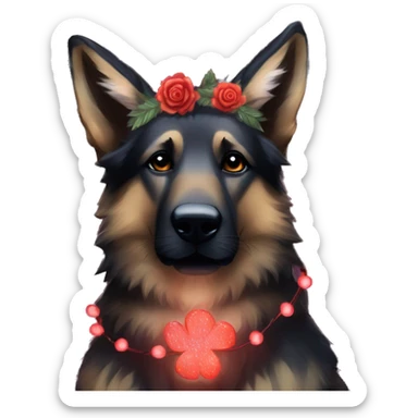 Bokeh Midnight constellation night stars Brindled striped brindle black German shepherd fox carrying glowing red lantern, fairy lights, rose flower crown, bokeh lights, out of focus blur sticker
