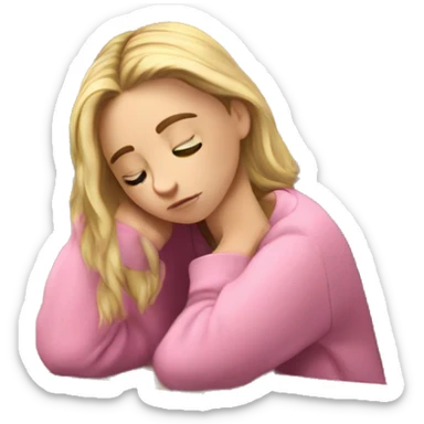 A tired white girl student in a pink sweater studies among books and a computer   sticker