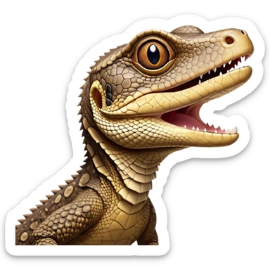 Cinematic Comical brown camo spotted monitor Lizard Portrait Emoji, Head tilted dramatically with an exaggeratedly shocked expression, featuring a robust, patterned body with wide, comically expressive eyes full of humorous disbelief, Simplified yet hilariously expressive features, highly detailed, glowing with a slightly sassy glow, high shine, dramatic yet playful, stylized with an air of quirky reptilian attitude, soft glowing outline, capturing the essence of a meme-worthy brown camo spotted monitor lizard that looks ready to side-eye its way into viral fame! sticker