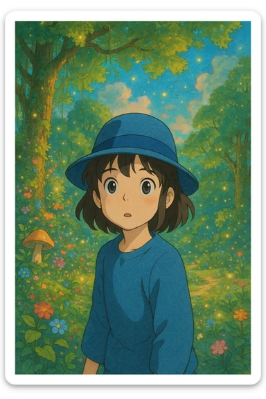 girl in a blue fedora, looking curious, whimsical background, ghibli style sticker
