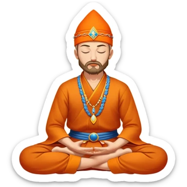 Ukrainian Cossack with an oseledets on his head meditating with closed eyes in litus pose in orange sharovary sticker