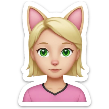 Squareded Ears Pink Skin Green Eyes Cat Shaped Pupils Heart Shaped Forehead Blonde Haired Pink Shirt  sticker