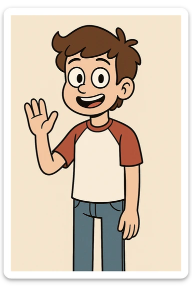 A boy brown hair black eyes red white shirt blue jeans a hand hello  sticker