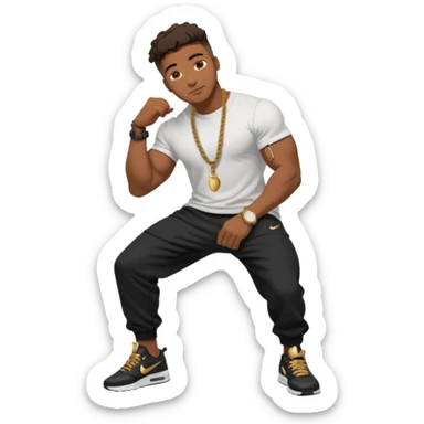 Handsome Black guy with brown skin tone, with muscular build, wearing black sweatpants, a white t-shirt, black Nike air max, a gold rope chain, and a gold watch  sticker
