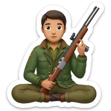 male hunter sitting with a shotgun across his lap, relaxed pose sticker