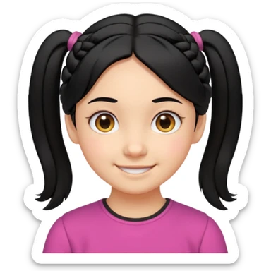 smiling girl with black hair parted in the middle tied into two small side pigtails, round eyes, cheerful expression, soft cartoon-like facial features, head and upper shoulders, clean lines, minimal white background, vibrant and simple emoji style sticker