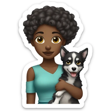 a black girl with long curly hair wearing a crop to with a small waist holding a baby husky dog  sticker