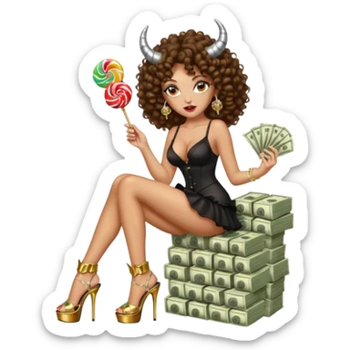 seductress evil brown curly haired sexy drug lord woman with clear glittery platform heels on her feet and horns on her head, holding a stack of cash and a lollipop in her mouth sticker