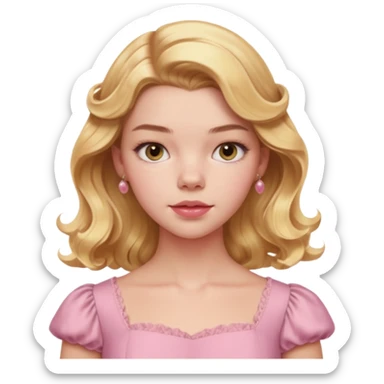 Cinematic Realistic Anya Taylor Joy Portrait, depicted with lifelike skin texture, subtle rosy undertones, and soft natural lighting that enhances the sweet blush contours of her face. Her intricately detailed golden blonde hair is elegantly wavy, and pink dress corquette sticker