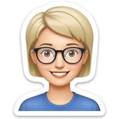 a teacher with glasses and a short cut smiling sticker