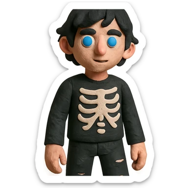 black-haired, blue-eyed person wearing a black skeleton top and ripped black jeans sticker