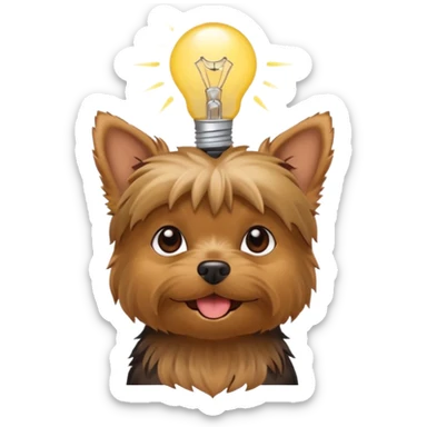 Yorkshire Terrier with a lightbulb above its head, symbolizing a smart idea, cheerful emoji style sticker