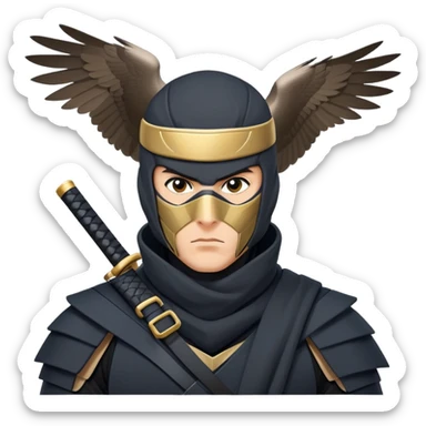 clash-of-clans-aesthetic_-cinematic-mysterious-male-ninja-portrait-emoji, rendered in a flat, vector-style with minimal shading and bold, simplified shapes, with a head slightly turned revealing intense, focused eyes. the ninja has his arm out and perched on top of it is  a peregrin falcon  sticker