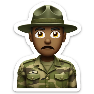 drill sergeant character wearing a classic sergeant hat and a camouflage army shirt. The character should have an angry intense expression. full torso sticker