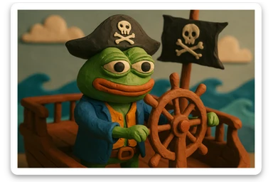Pirate Pepe the Frog at the helm of a pirate ship, claymation style, waves and sky sticker