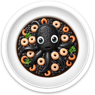 cinematic-realistic-black-risotto-dish-emoji,-showcasing-small squid pieces in black sauce -rendered-with-bold-textures-and-dynamic,-dramatic-lighting in a white plate sticker