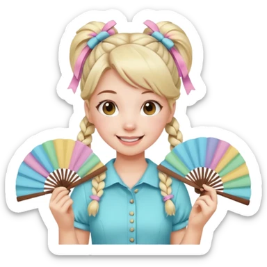A pigtail girl in modern outfit using a pastel fan with playful expression. sticker