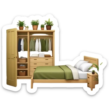 Organizing bedroom with olive green walls, wood bed, plants around, and wood closet sticker